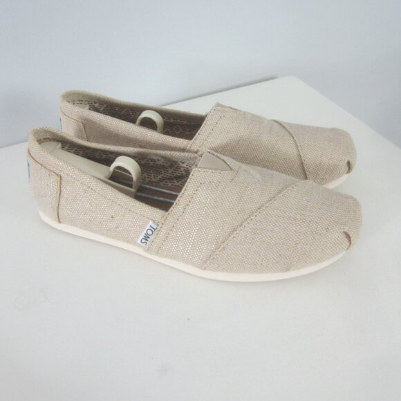 Toms Womens 8 Beige Slip On Rubber Soled Shoes Metallic Linen Flats Light Weight - Picture 10 of 12
